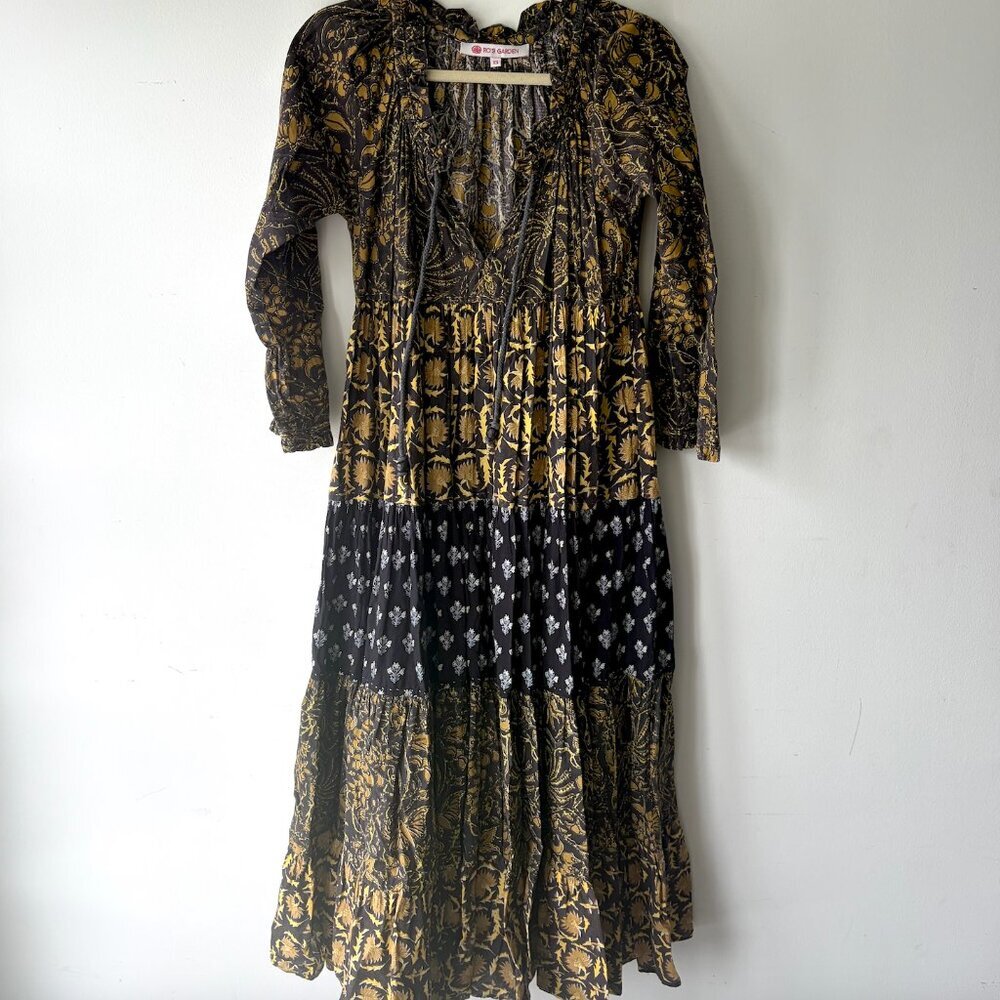 Boho Tiered Maxi Dress in Black and Mustard